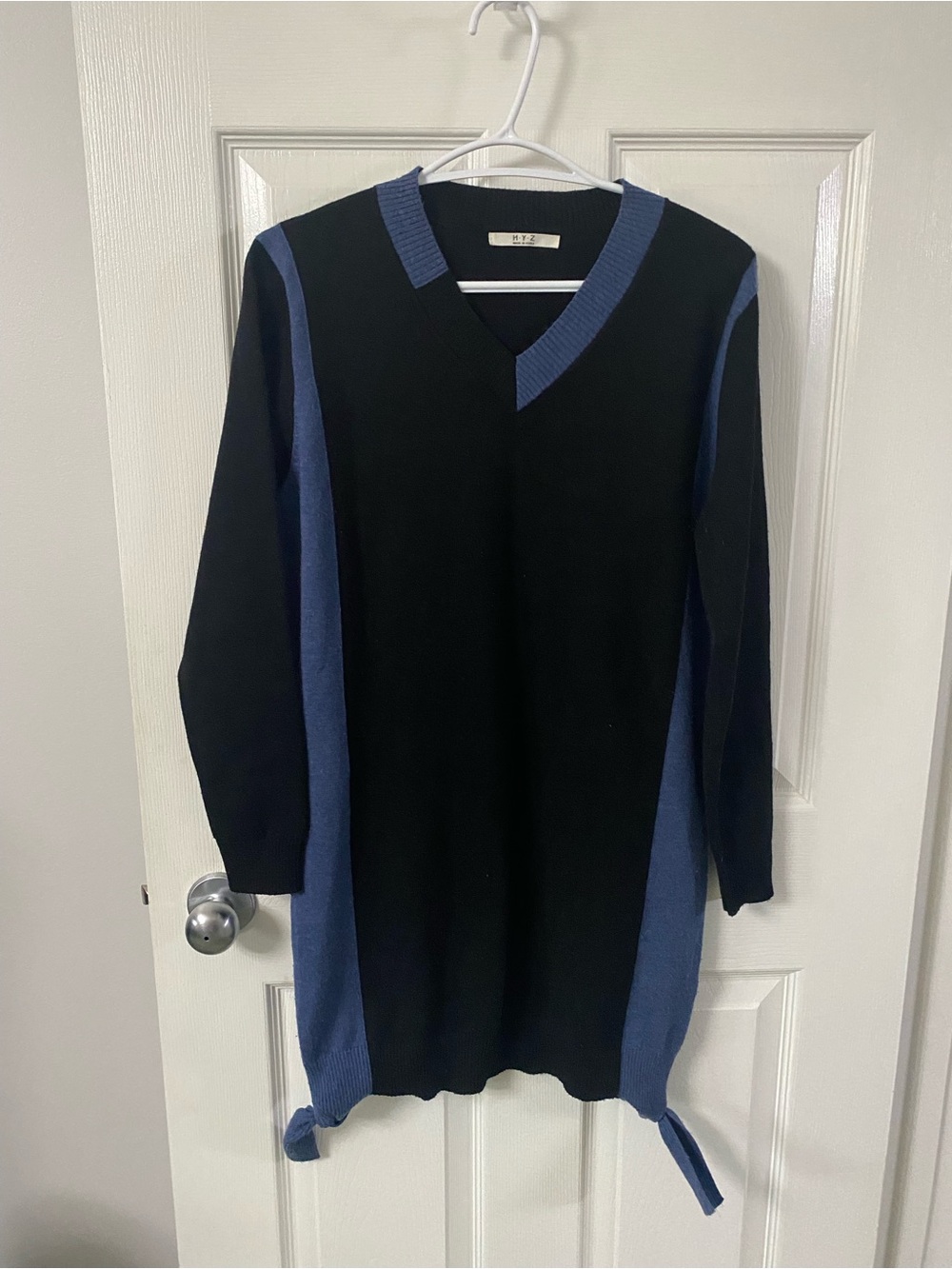 V-Neck Black Sweater with Blue Panels